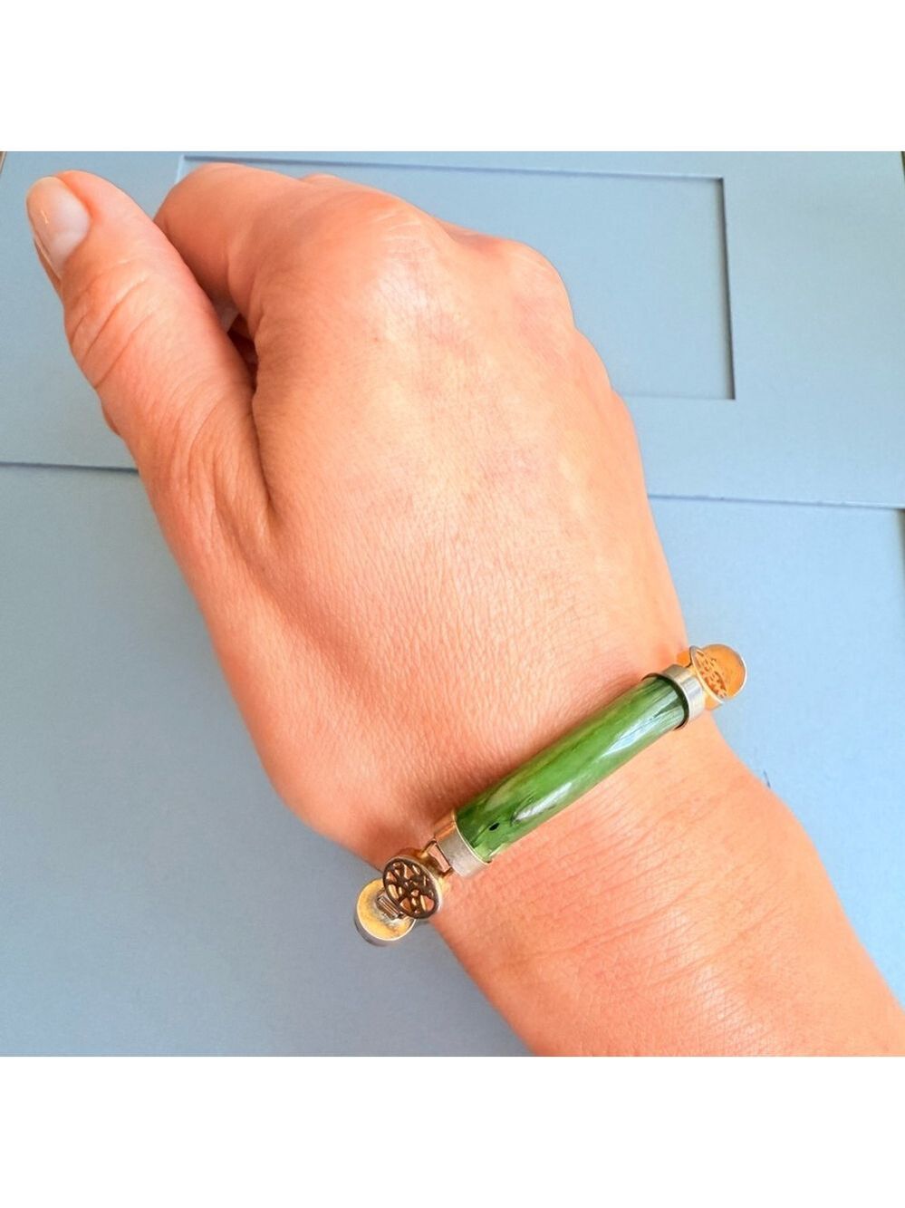 4 Lucky Wishes Natural Green Jade Nephrite Gold Tone Link Vintage Bracelet - Picture 2 of 9